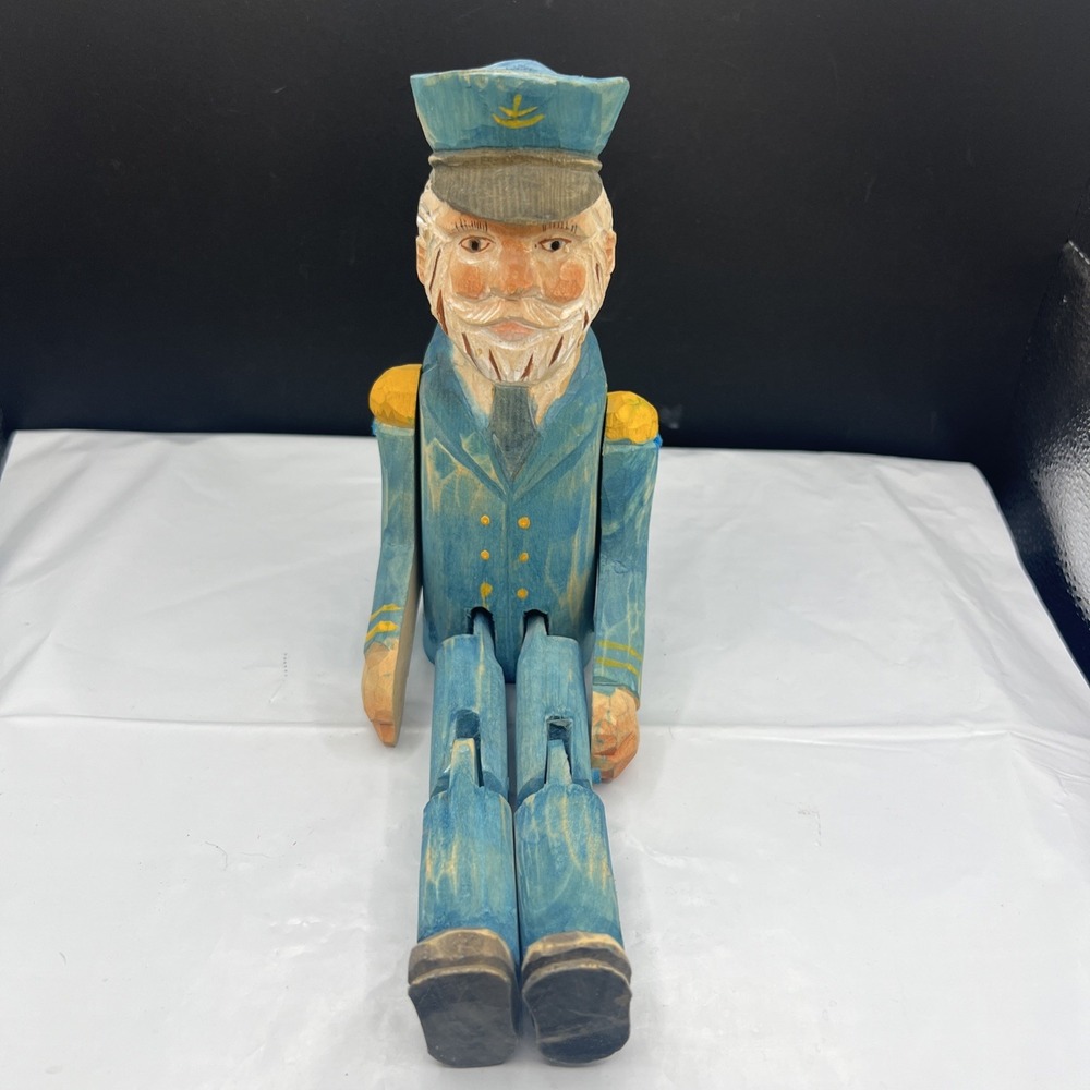 Vintage Hand Carved Wood Sea Captain Sailor Articulated Shelf Sitter Folk Art